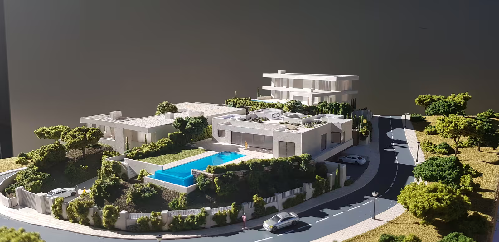 Altos de los Monteros model: a villa’s pool and terraces above the planted hillside, with the curving road below