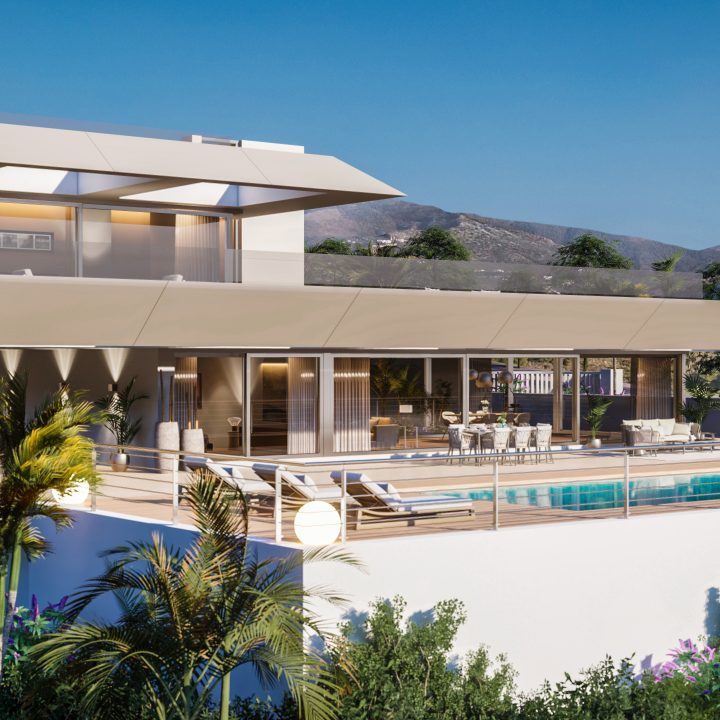 Cortijo Nagüeles, contemporary villa with terraces and pool below the mountains