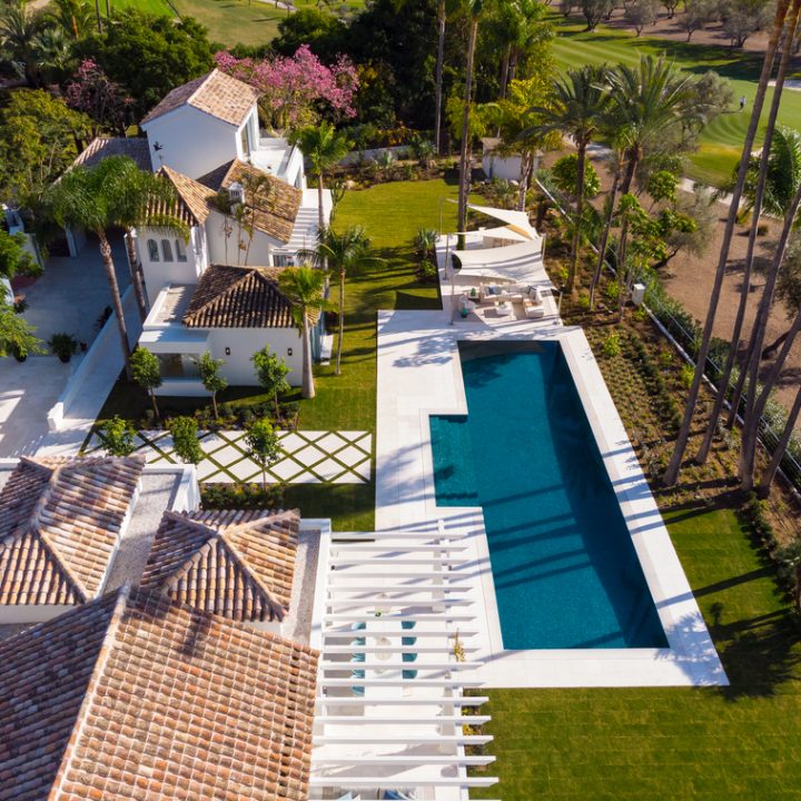 Villa Paris from above, lap pool, pergola and garden paths