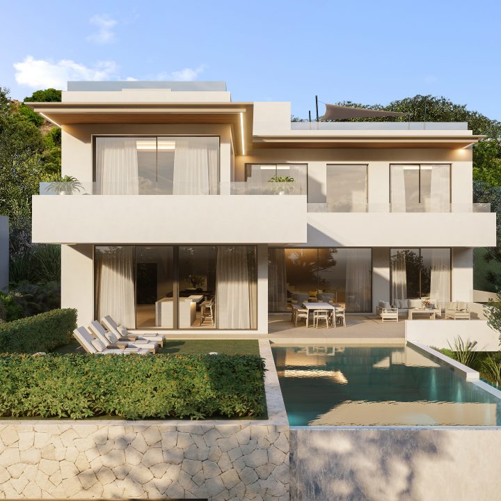 Contemporary two-storey villa with infinity pool and planting