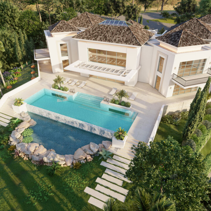 Zagaleta 210 from above, pool with stone edges and stepping-stone path